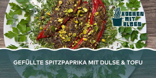 Vegane gefüllte Paprika mit Algen und Tofu, Spitzpaprika mit Dulse, Nüssen und Kräutern – aromatisches Algen-Rezept „Kochen mit Algen“.