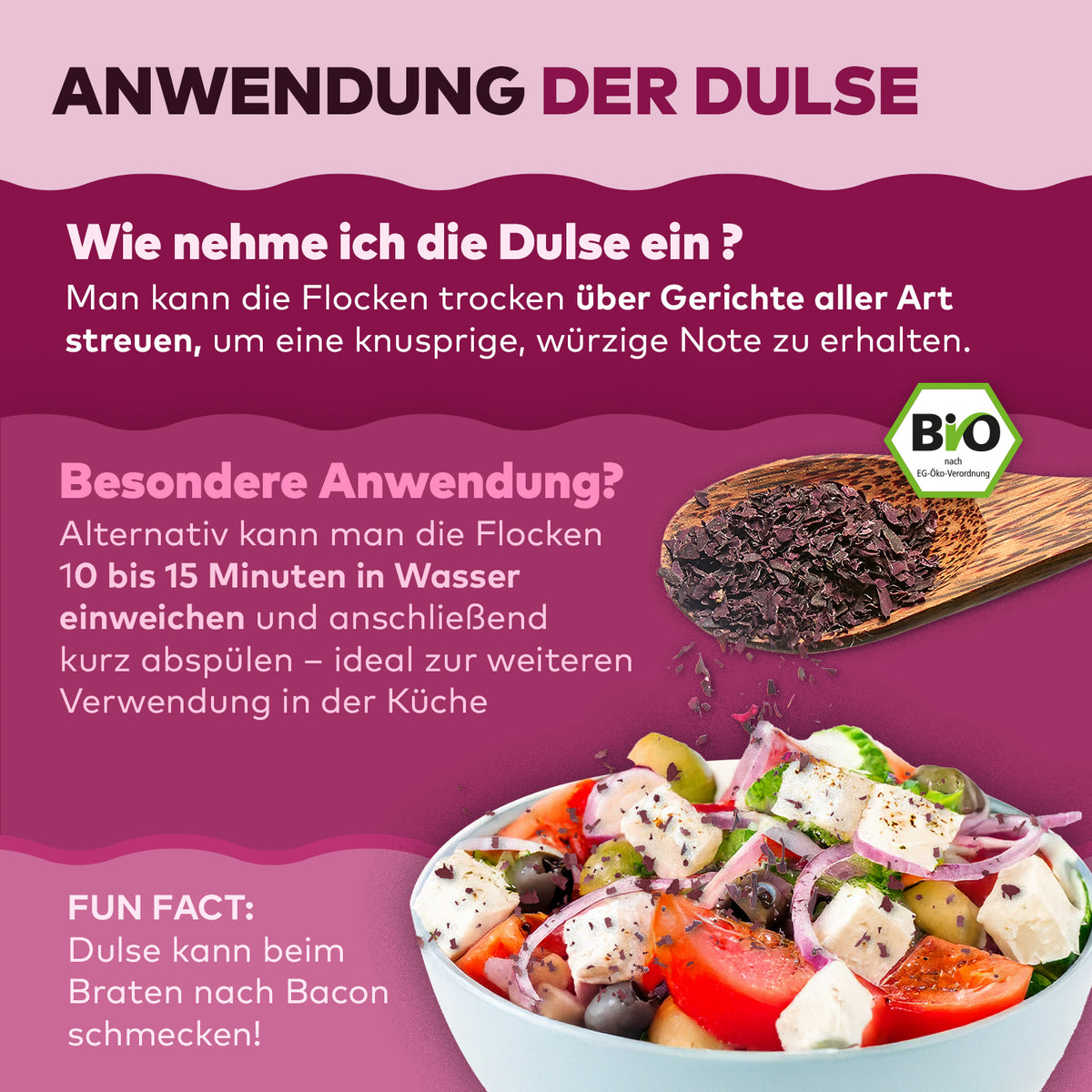 Infografik Anwendung der Dulse-Flocken von Algenmarkt: streuen oder einweichen, mit Salatschale