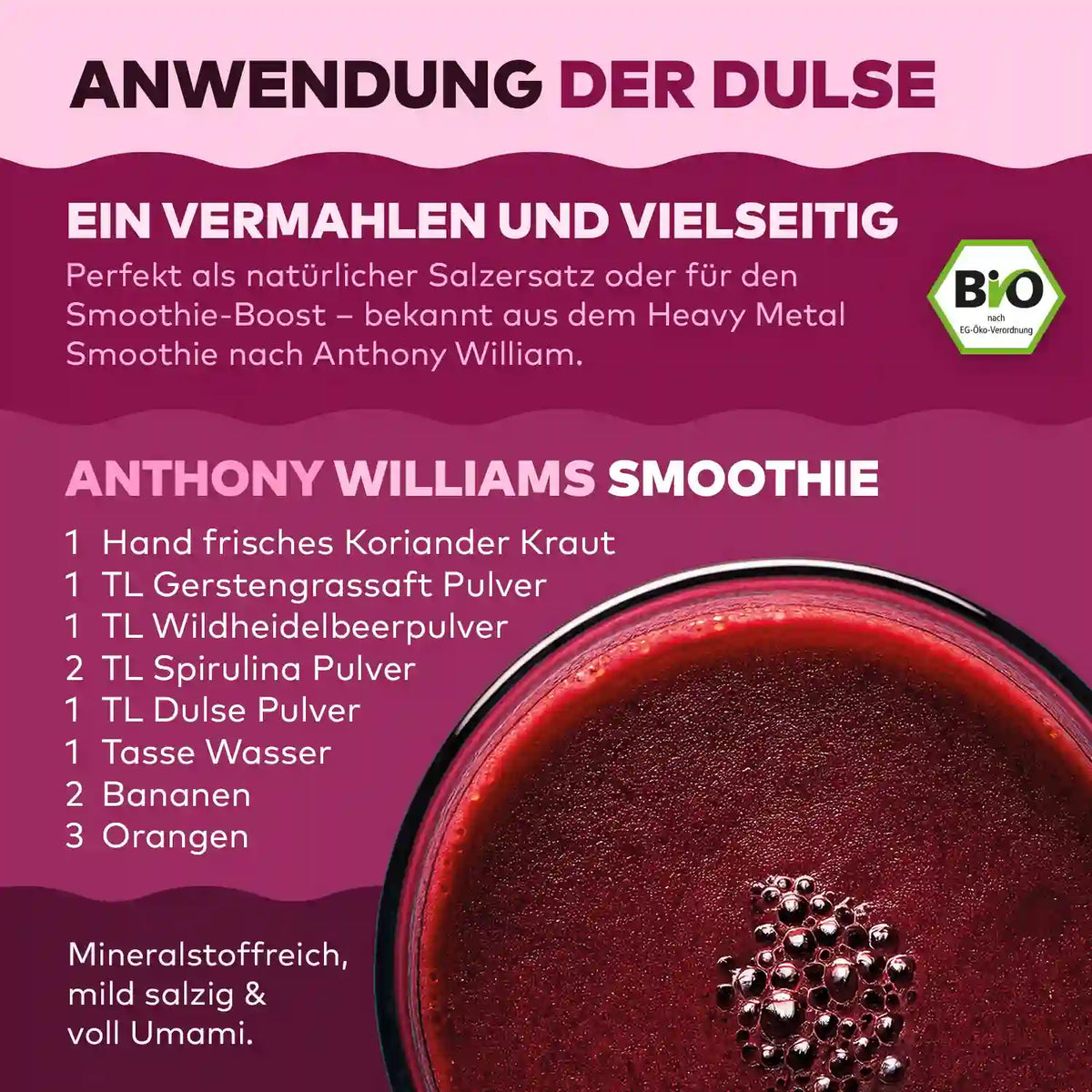 Infografik Anwendung Dulse-Pulver von Algenmarkt: als Salzersatz und im Smoothie, mit Rezept