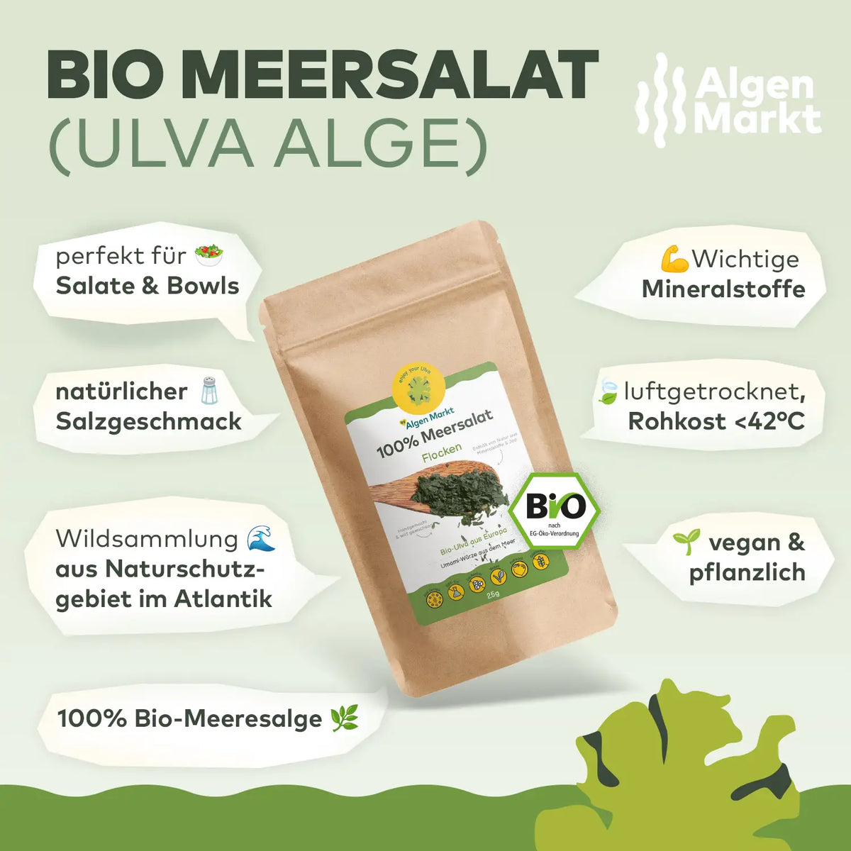 Bio Meersalat Flocken Ulva Alge 25g von Algenmarkt mit Verpackung und Produktmerkmalen in der Infografik