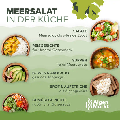 Infografik Meersalat in der Küche von Algenmarkt: Anwendung in Salaten, Suppen und Bowls