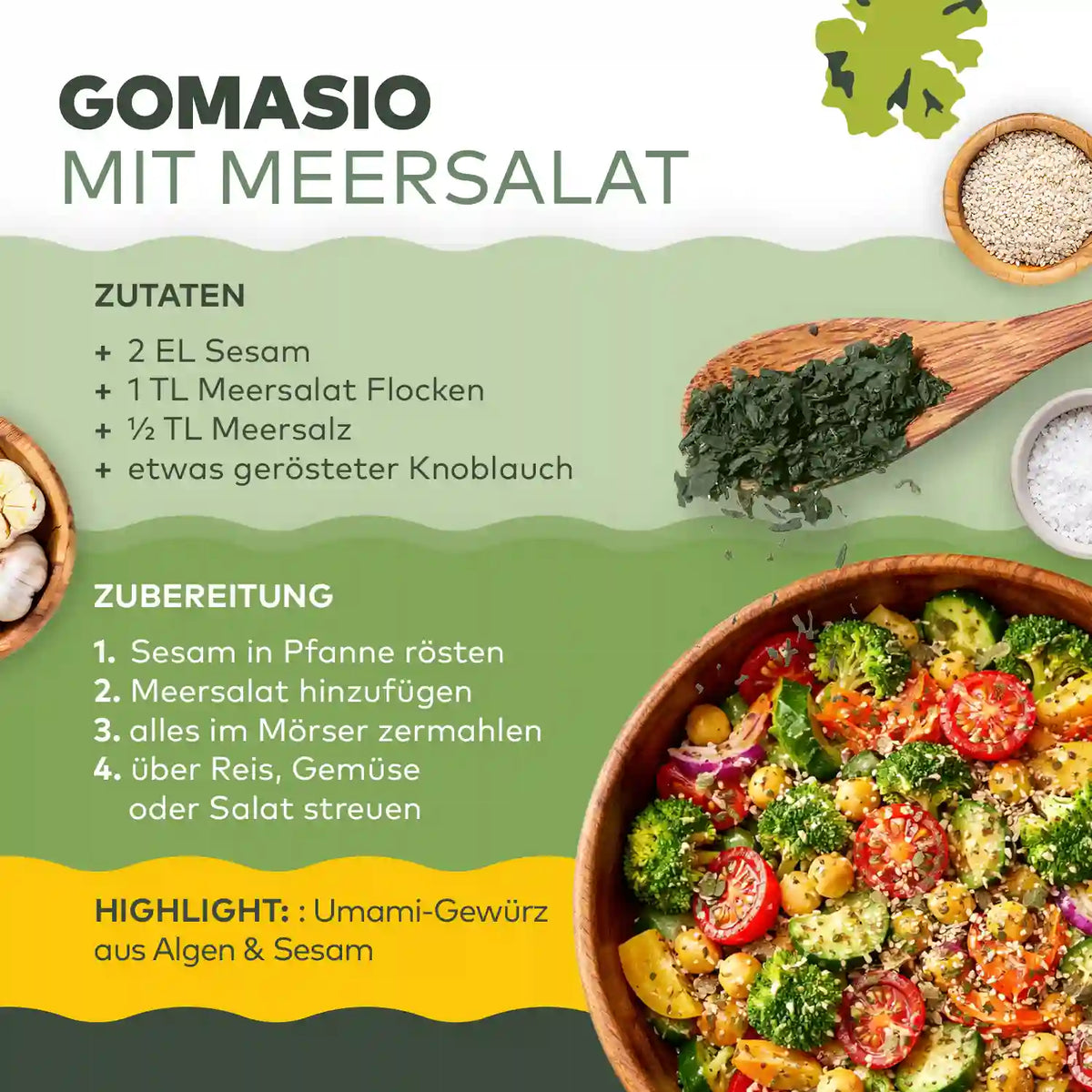 Rezept Gomasio mit Meersalat-Flocken von Algenmarkt: Zutaten, Zubereitung und Gemüsebowl mit Sesam