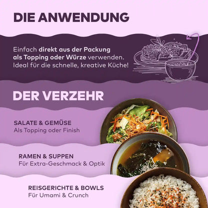 Infografik Nori-Anwendung: Topping für Salate, Ramen-Suppen und Reisgerichte