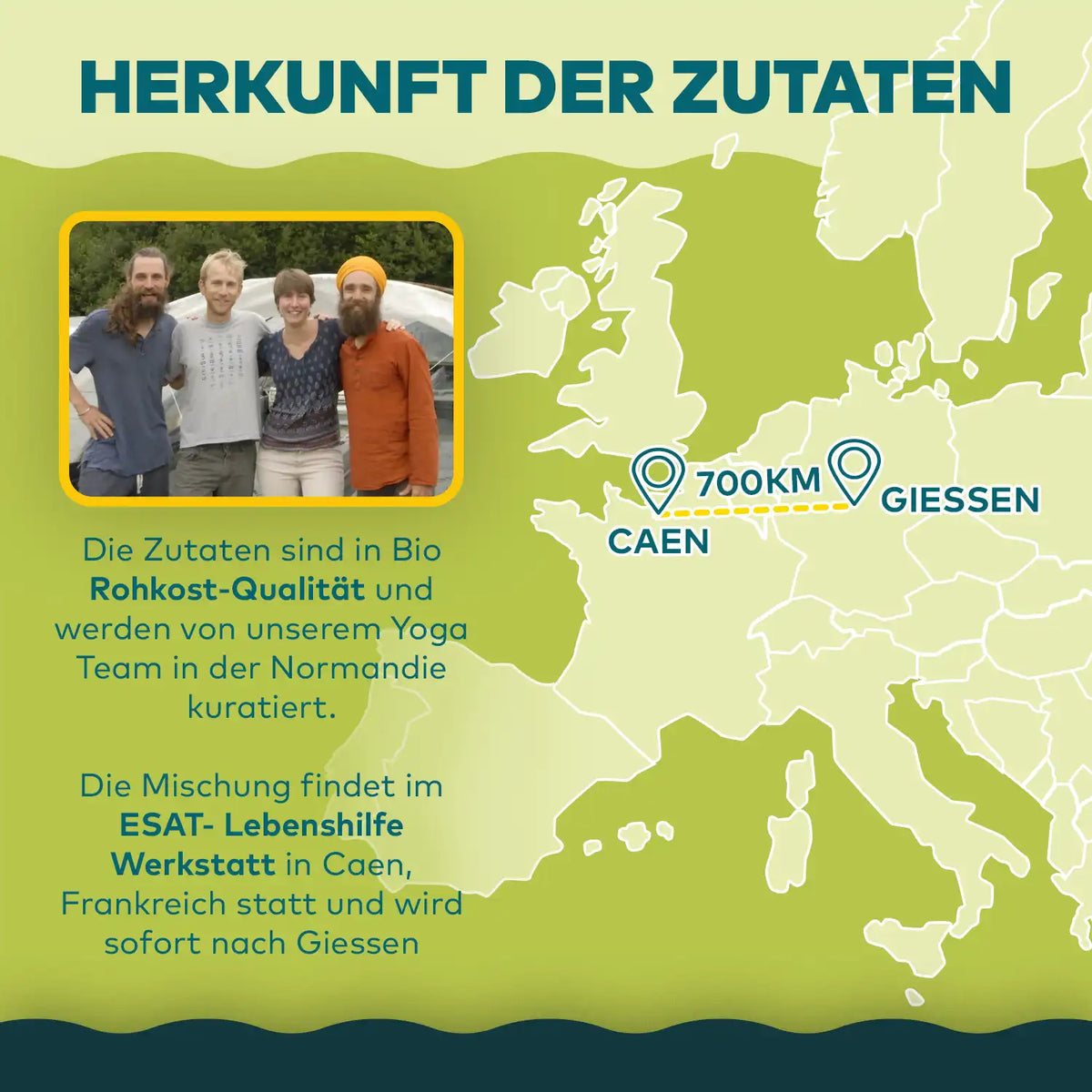 Infografik Herkunft der Zutaten: Team-Foto und Europakarte mit Route Caen nach Giessen