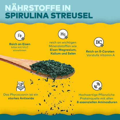 Infografik Nährstoffe in Spirulina Streusel von Algenmarkt mit Löffel grüner Algen und Nährstoff-Symbolen