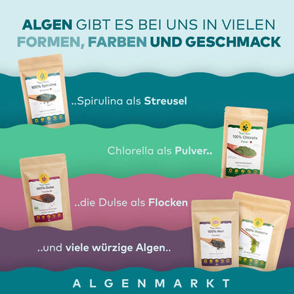 Infografik Algen-Vielfalt von Algenmarkt: Spirulina, Chlorella, Dulse, Nori und Wakame