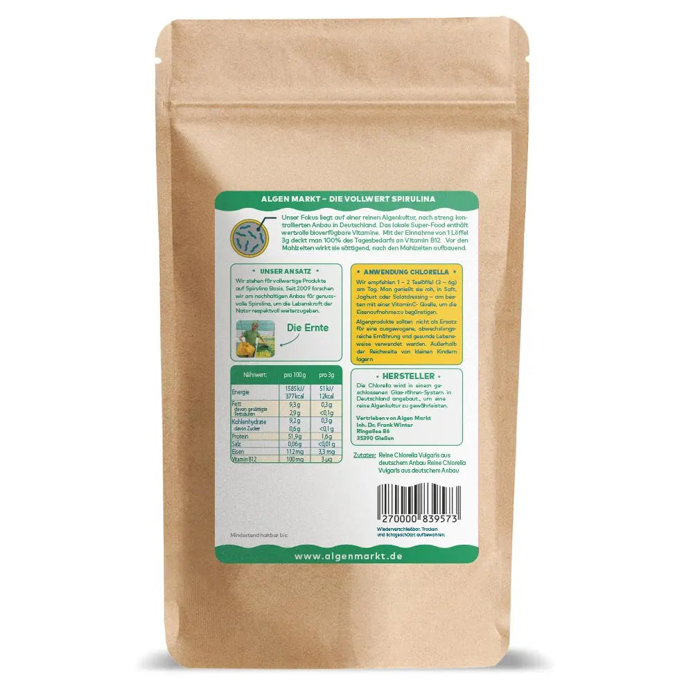 Rückseite Chlorella Pulver von Algenmarkt mit Nährwerten, Anwendung und Herstellerangaben