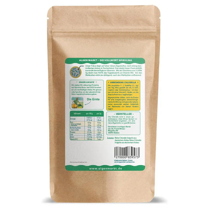 Rückseite Chlorella Pulver von Algenmarkt mit Nährwerten, Anwendung und Herstellerangaben