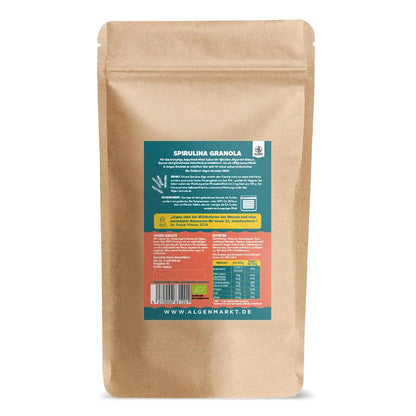 Rückseite Spirulina Granola von Algenmarkt mit Nährwerten, Zutaten und EU-Bio-Siegel