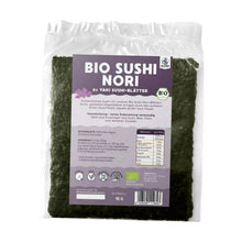 Rückseite Bio Sushi Nori 6 Yaki-Blätter mit Nährwerten, Zutaten und Bio-Siegel