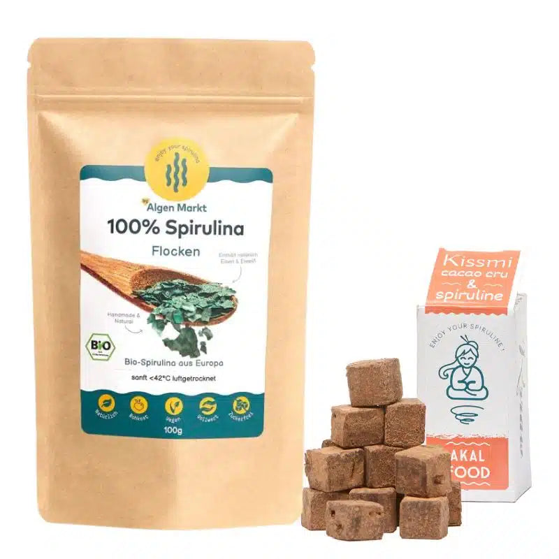 Algen Genuss Set mit Bio Spirulina Flocken und Kissmi Schokoladentrüffeln von Algenmarkt