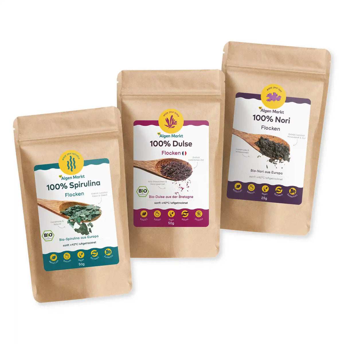 Algen-Flocken-Set von Algenmarkt: Bio Spirulina, Dulse und Nori Flocken