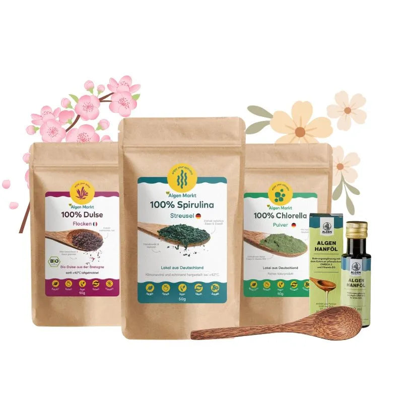 Frauen Balance Set mit Dulse, Spirulina, Chlorella und Algen-Hanföl von Algenmarkt
