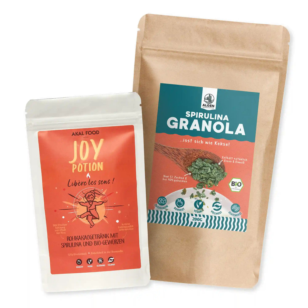 Set von Algenmarkt: AKAL Food Joy Potion und Spirulina Granola der Algen Manufaktur