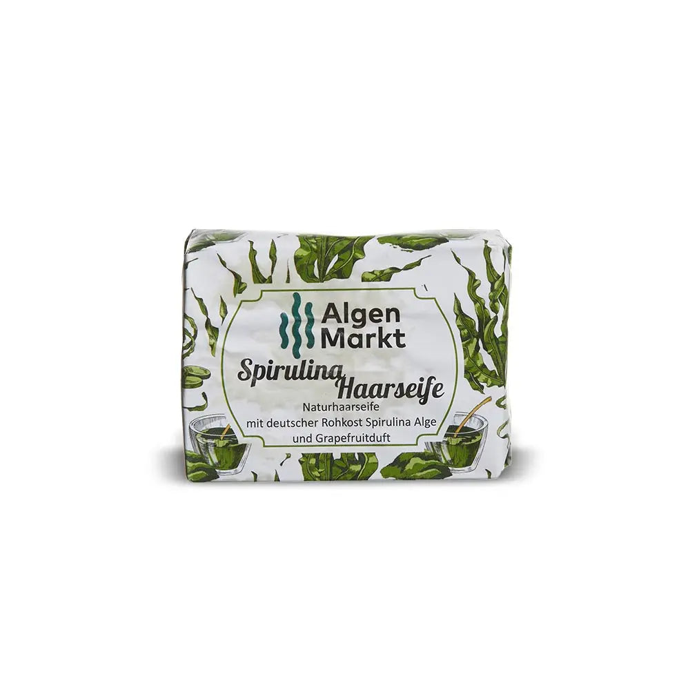 Spirulina Haarseife von Algenmarkt mit Grapefruitduft im Algen-Papier verpackt