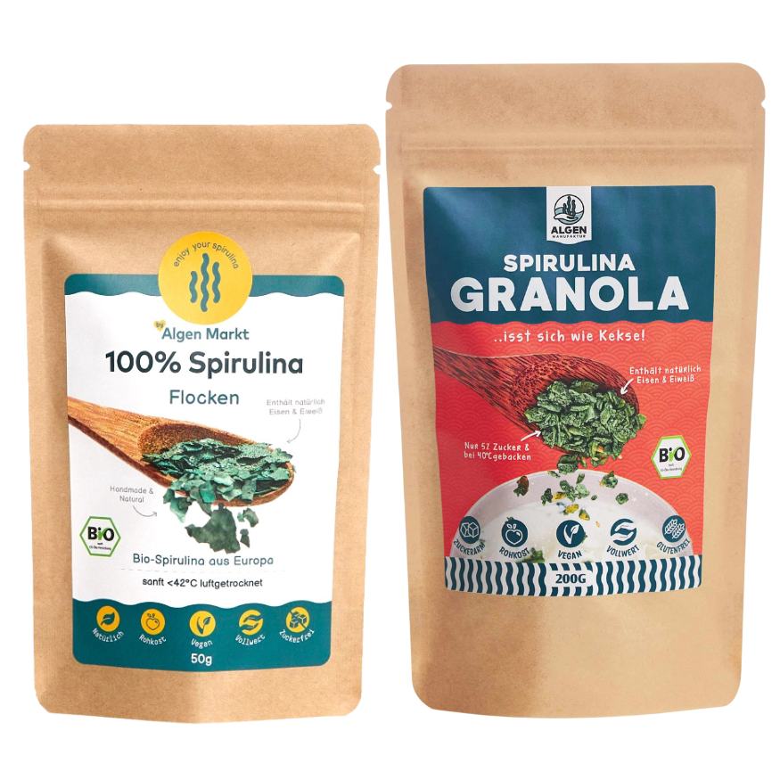 Spirulina-Müsli-Set mit Algenflocken und Granola in Bio Roh Vegan