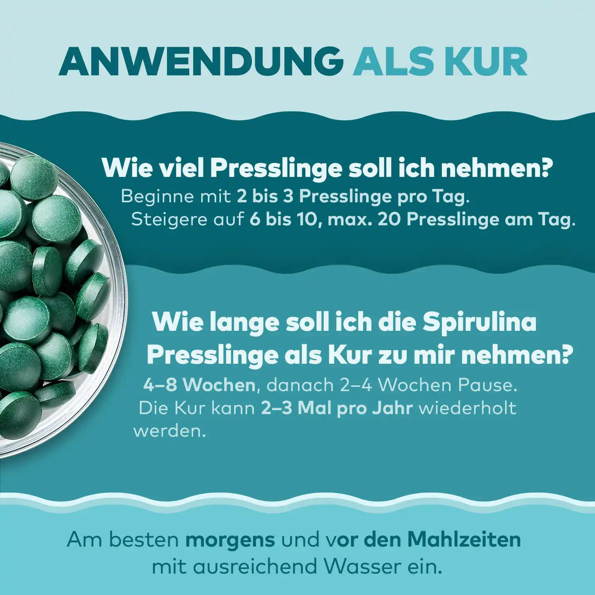 Wie nehme ich spirulina presslinge, wie viele, wann unser infografik von algenmarkt